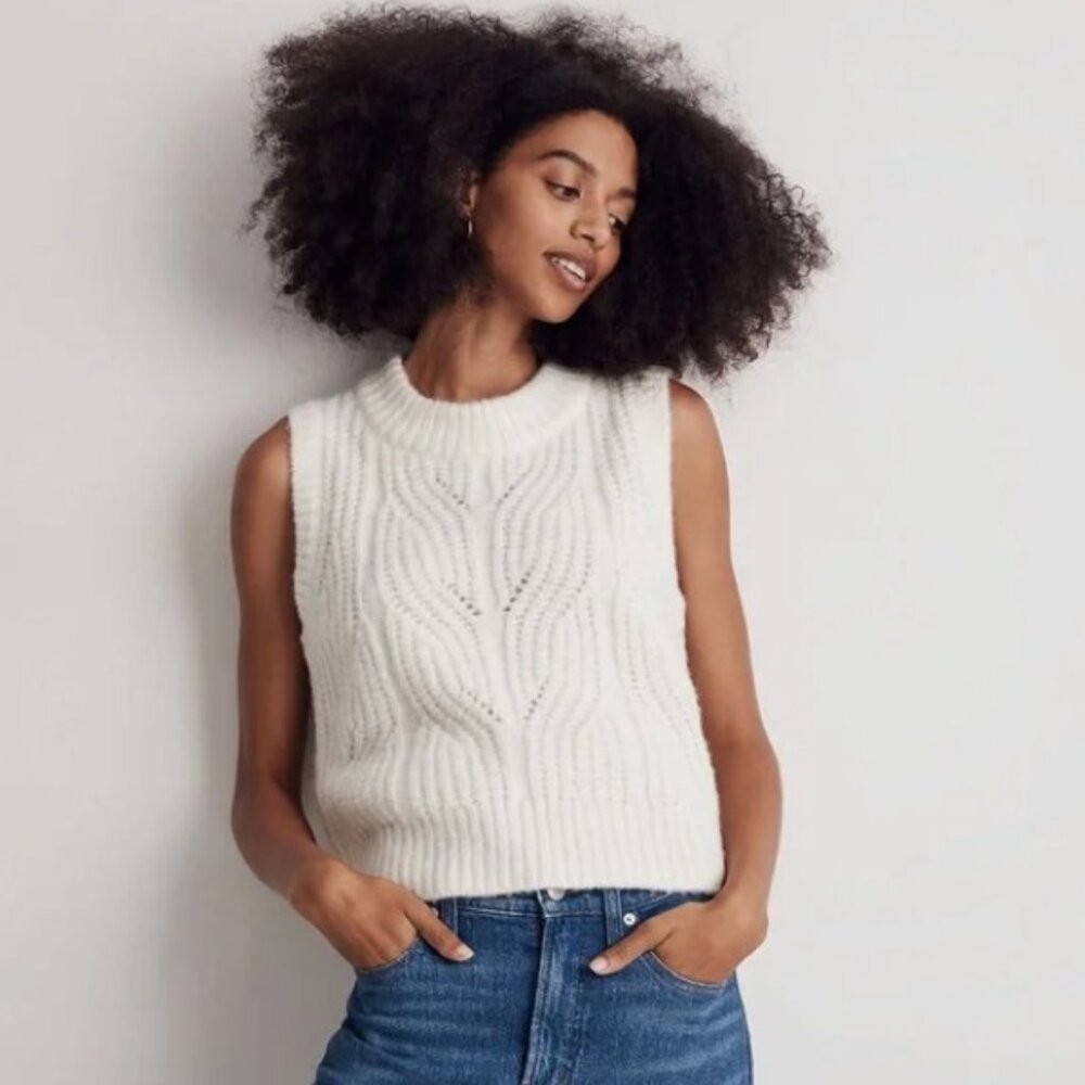 Madewell Ivory Wool Blend Pointelle Knowe Sweater Vest - Size XS